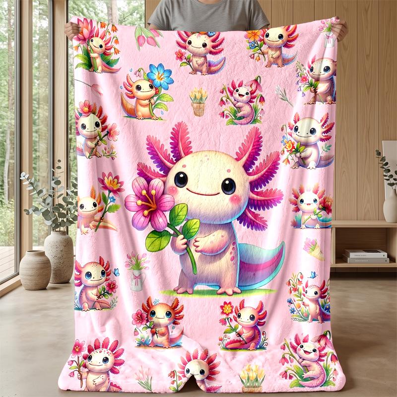 Cute Axolotl Flower Scenes Blanket Personalized Name Flannel Blanket Soft Cozy Plush Throw for Sofa Bed Lightweight Home Decor