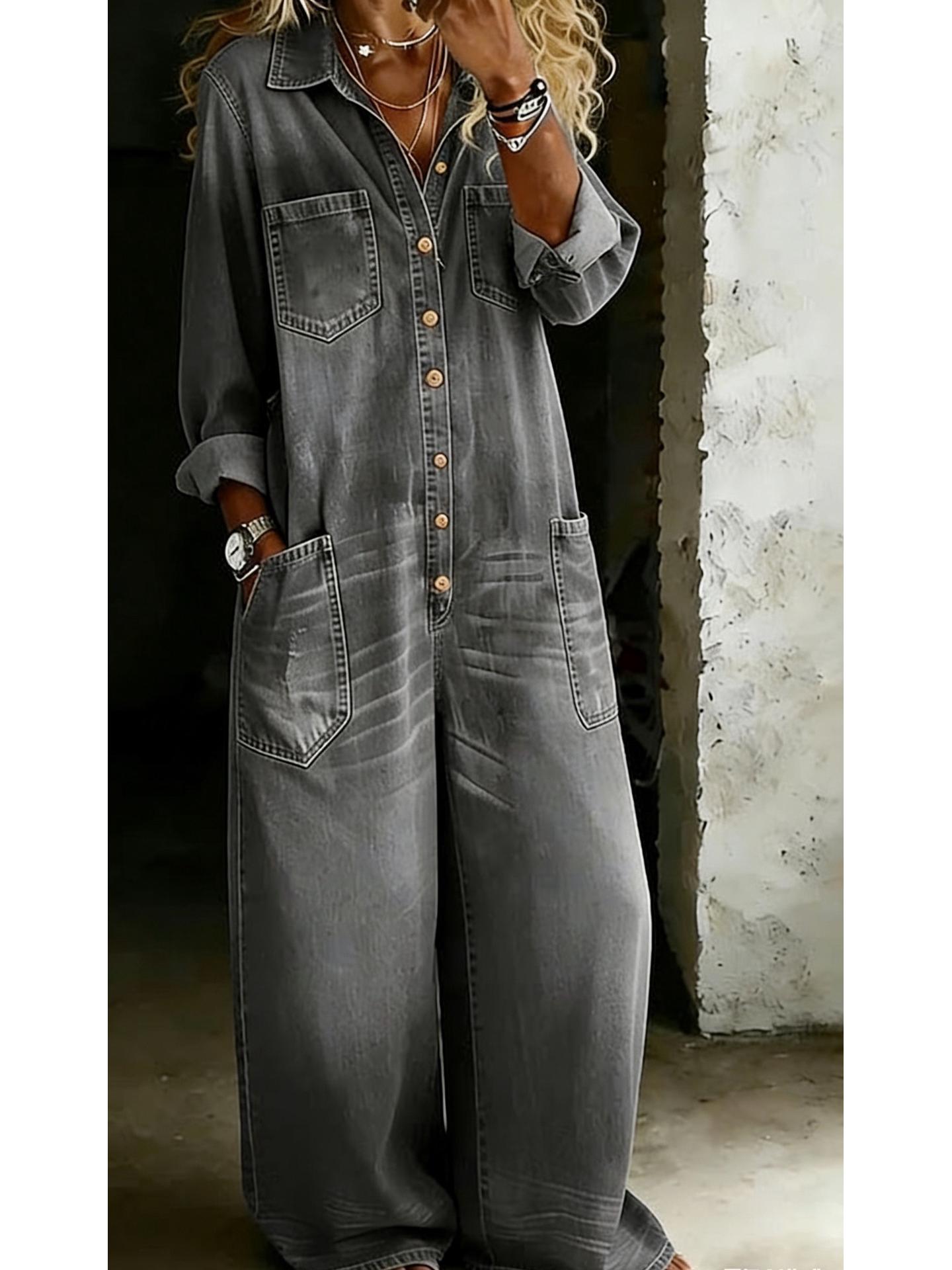 

Women s Spring & Autumn Fashion: Sexy Single-Breasted Long Shirt Dress & Loose Jumpsuit XXXL сірий колір