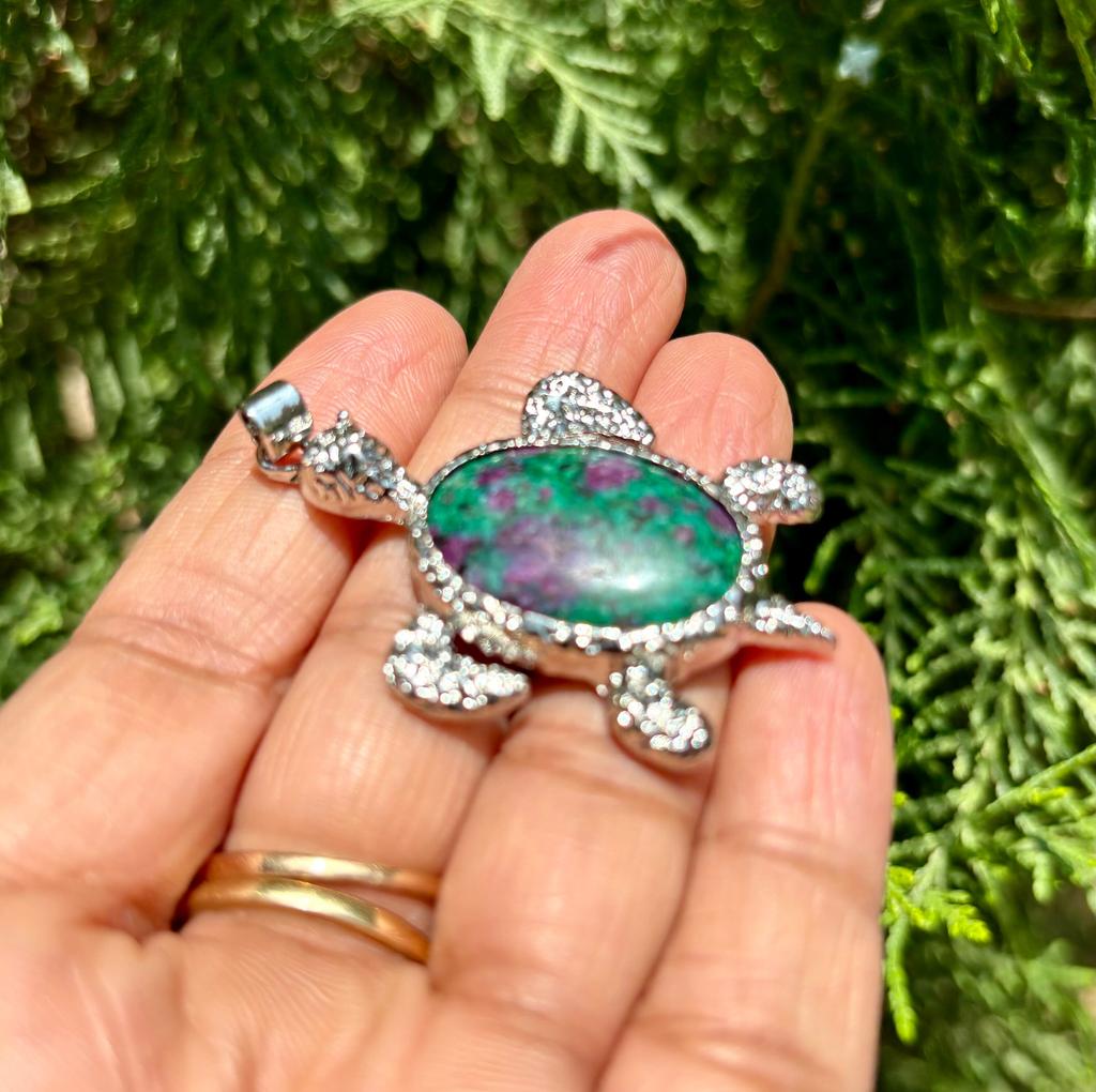 Oxidized Silver Hindu Religious Vishnus Turtle, Tortoise, Kachua Pendant Locket, Kurma Avtaar, RUBY ZOISITE, Temple Pooja, Wealth Good Luck
