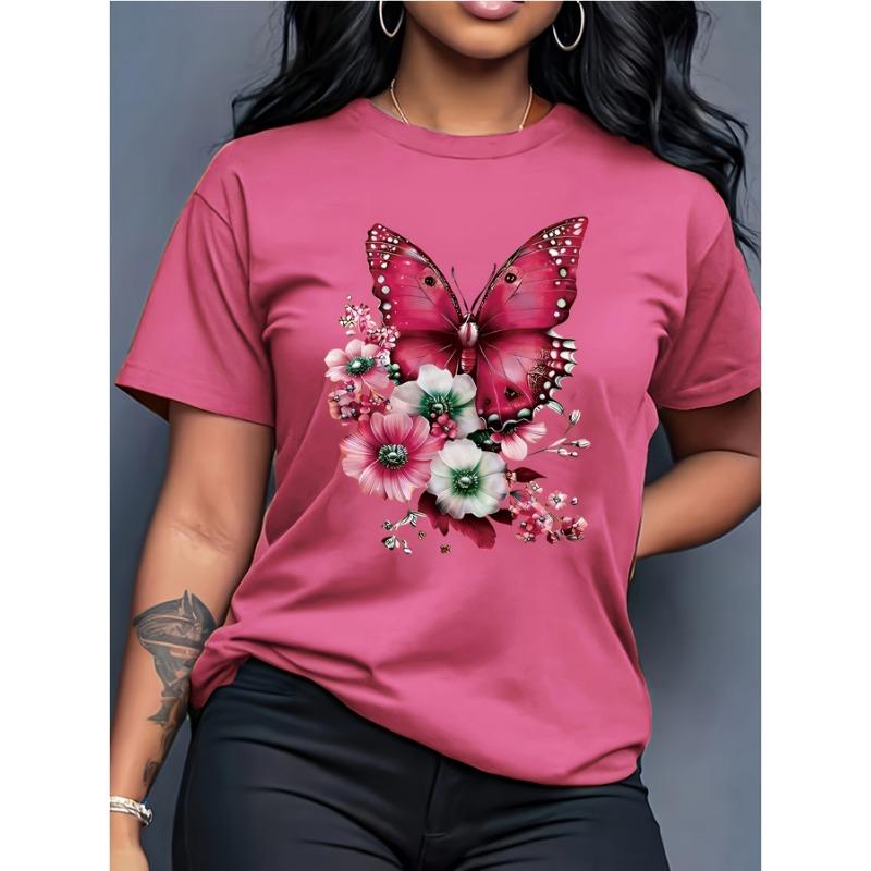 Women's flower and butterfly graphic print fashionable casual round neck short-sleeved T-shirt