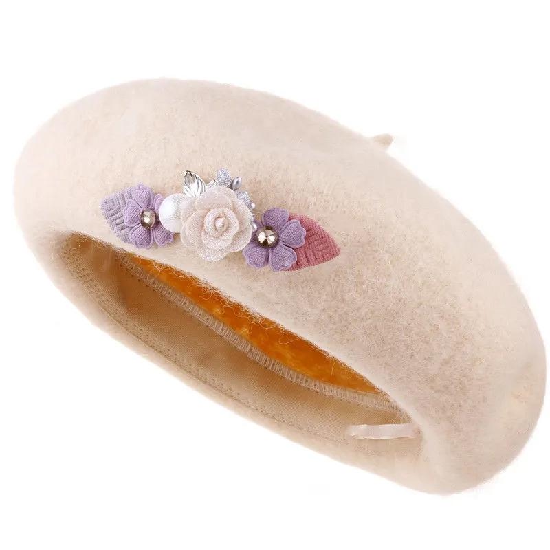 Baskenmütze mit Retro-Blumenmuster, elegante Wollmischung für Künstler und Maler, Herbst- und Wintermütze, verstellbar, All-Match-Zylinder