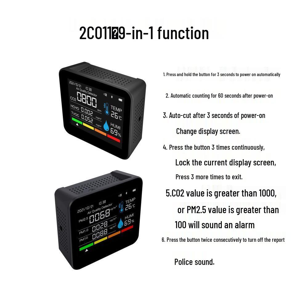 9-in-1 Bluetooth Air Quality Detector: CO2, PM2.5, Dust, TVOC, Formaldehyde
