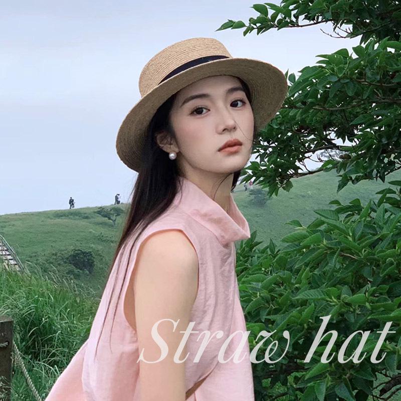 French 2025 Flat-Top Straw Hat for Women, Large Circumference, Flat Brim, Plus Size Resort Sun Hat