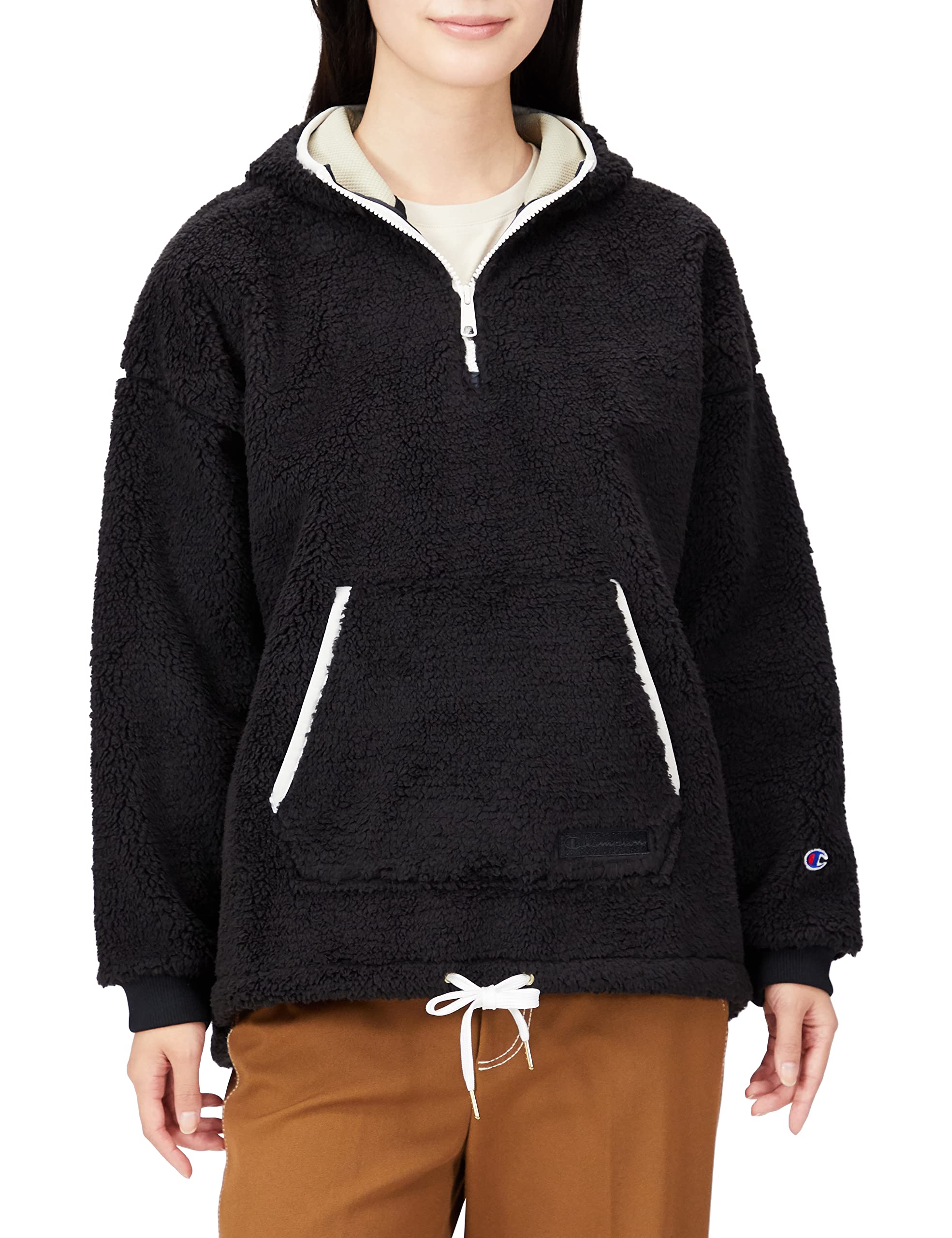 

Champion Long Sleeve Stretch Hooded Jacket with Script Size M Black and Beige Women s Logo, Half-Zip, (CW-WS603),