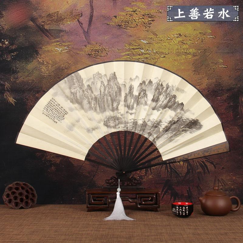 Retro style men's big folding fan with fan tassel Portable daily decorative hand fan Laser engraving fan bone Durable hand fan