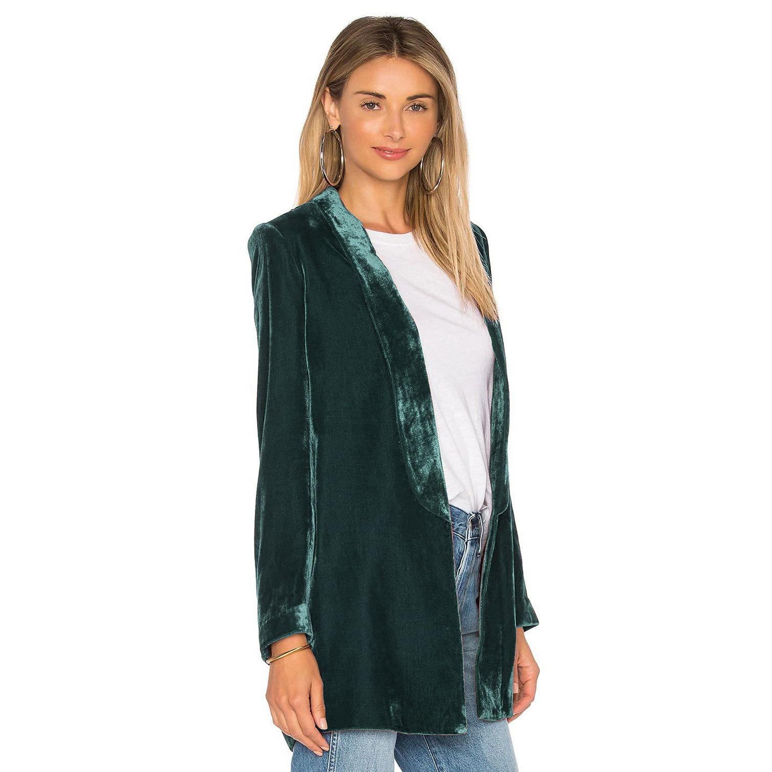 

GMXIA Золотой бархатный костюм женское пальто тонкий модный простой повседневный кардиган пальто XXL темно-зеленого