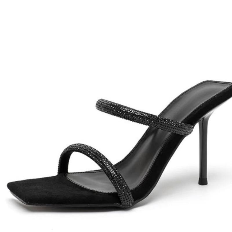 Fashion Super High Heel Slippers Summer New Square Toe Open Toe Rhinestone Slip Anti-slip Wear-resistant Stiletto Heels