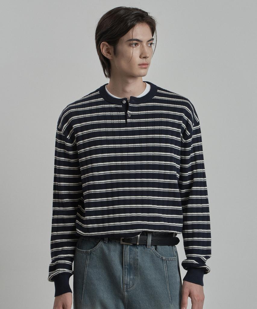 WORK ON BODY OFF Pano Semi-Overfit Striped Henley Neck Knit [Navy]