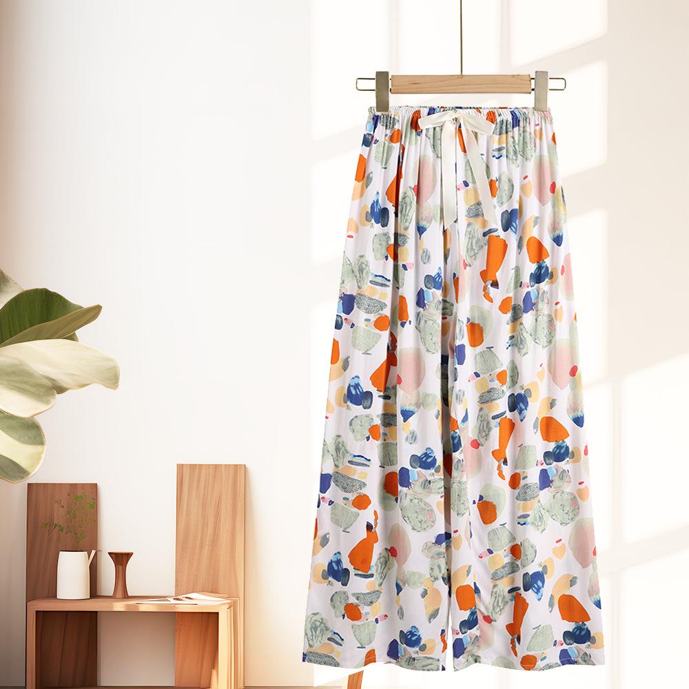 Women's Pajama Bottoms Floral Print Cuff Pants Wide Leg Pj Pants Elastic Waist Sleep Pants Loungewear Nightwear