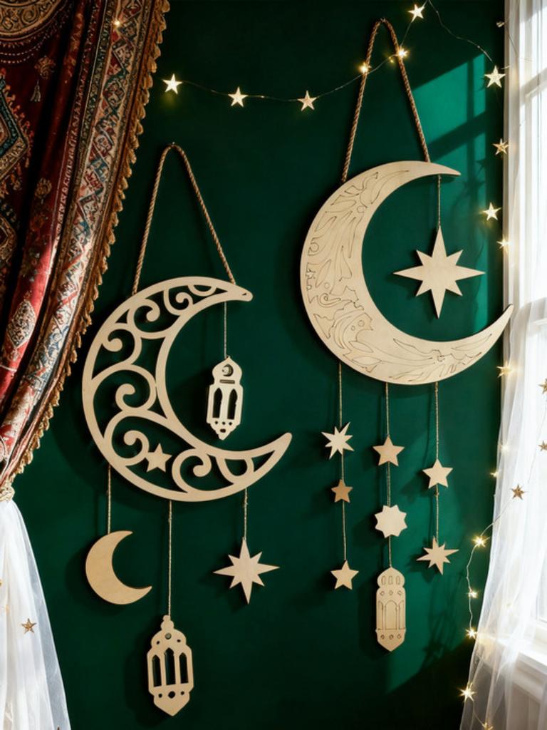1 Stück Ramadan Mond Stern Wandbehang Islamische Hohle Holzdeko mit Laternen Festliche Heimdeko Ramadan & Eid Wanddekorationen