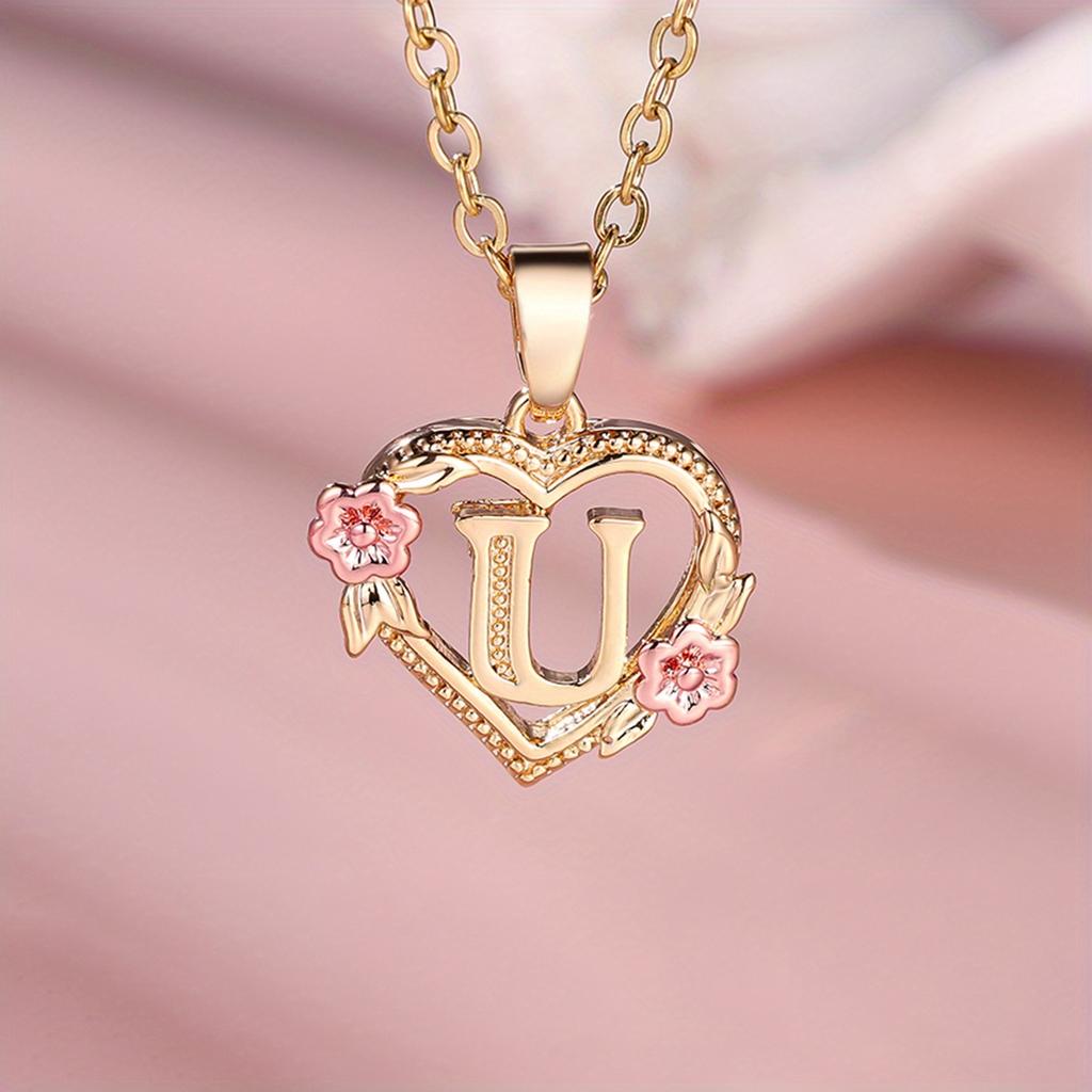 1 Pc Golden Color 26 English Letter Heart Necklace Rose Flower Pendant Wedding Band Jewelry Valentine's Day Gift