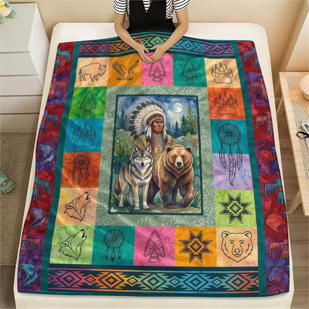 1Pc Indian Chief Elephant Print Flannel Blanket High Quality Warm Comfortable Cover for All Seasons Perfect for Gifts Home Decor