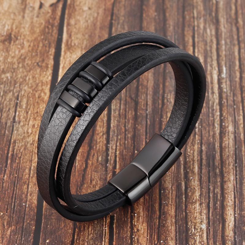 Fashion Unisex Multi-layer Woven Leather And Stainless Steel Combination Men's Leather Bracelet Black Brown Male Jewelry Gift