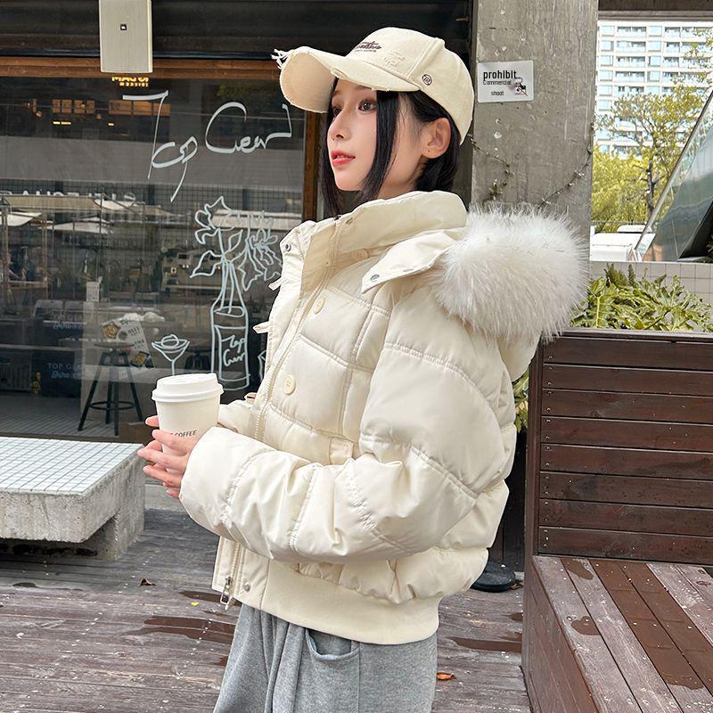 

Women s Retro Dark Blue Fur Collar Hooded Short Puffer Jacket - Thickened Winter Cotton Coat M 42-50kg