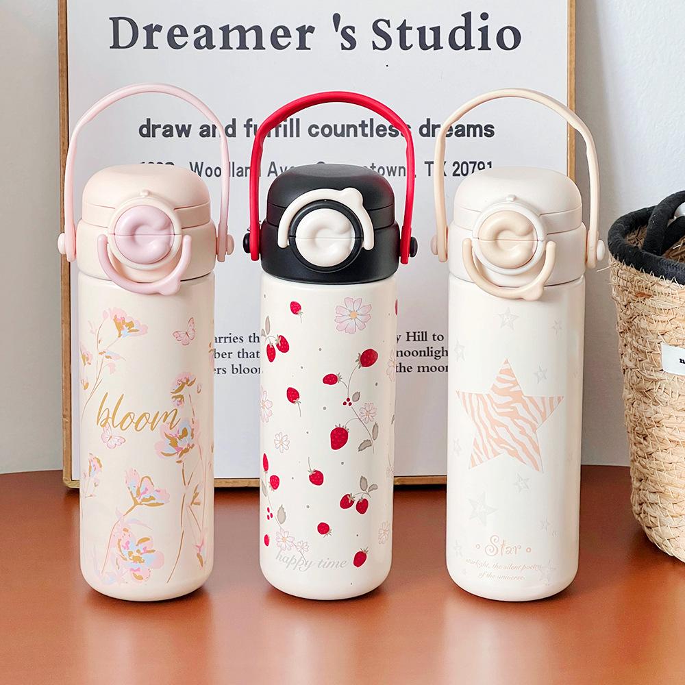 Cute and sweet girl thermos cup convenient cartoon straw cup office home student 316 stainless steel cup
