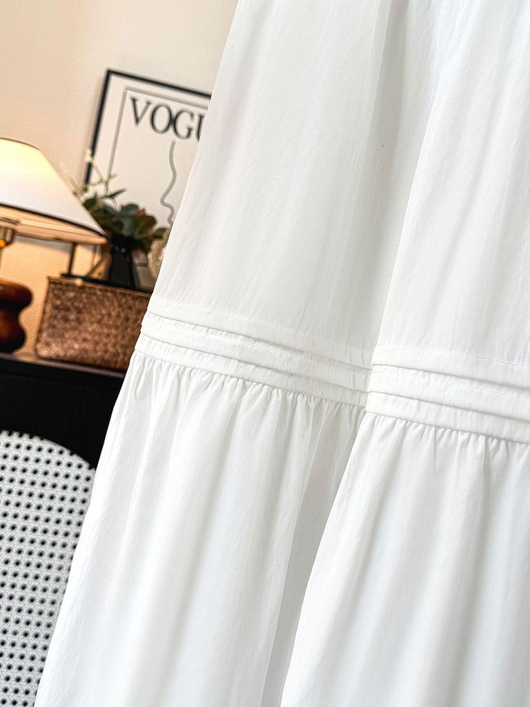 2026 Summer Women's White A-Line Lace Trim Flared Long Skirt with High Waist and Pleats