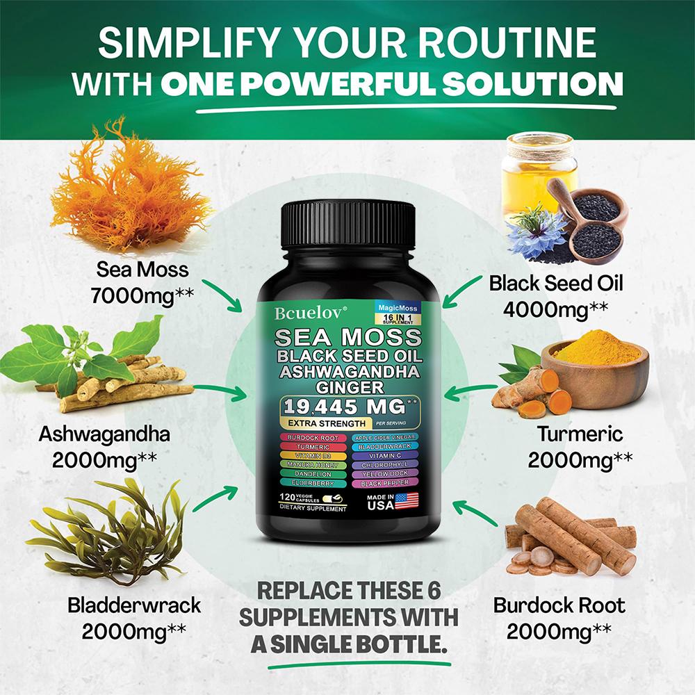 Bcuelov Seaweed Capsules Seaweed Black Seed Oil Turmeric Boosting Energy 120 Vegetarian Capsules