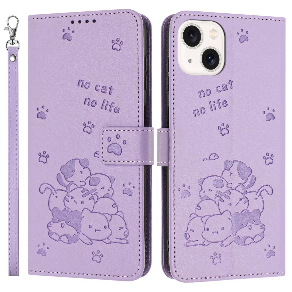 For iPhone 15 Plus/14 Plus Case with Strap Cats Imprint Leather Wallet Phone Cover