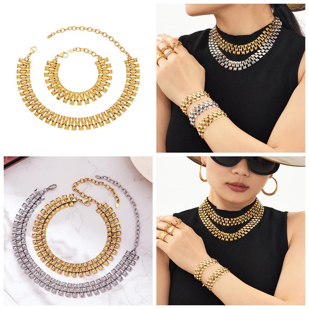 European-American Luxe Three-Row Rivet Necklace & Bracelet Set - Durable, Stainless Steel, Trendy Jewelry.