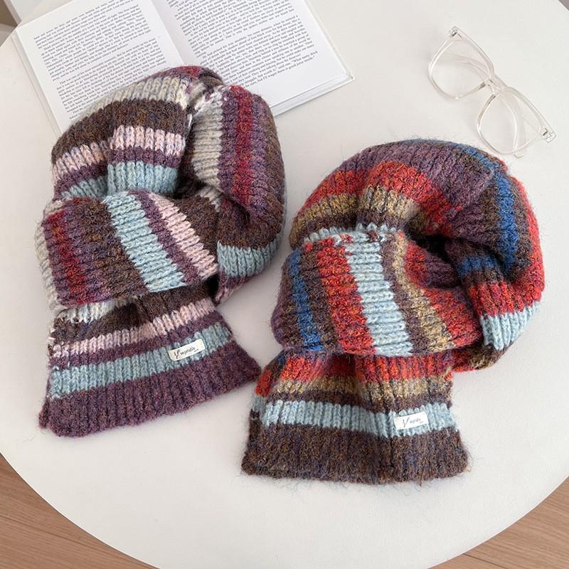Soft Knitted Scarf Women Winter Warm Thick Striped Infinity Loop Vintage Color Block Style