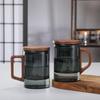 Office Glass Tea Cup with Walnut Handle and Lid, Three-Piece Set with Tea Separator