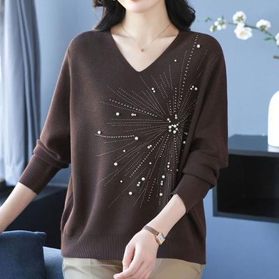 Autumn and Winter Women's V-Neck Sweater Solid Color Loose Beaded Sweater Plus Size Knitted Pullover Top