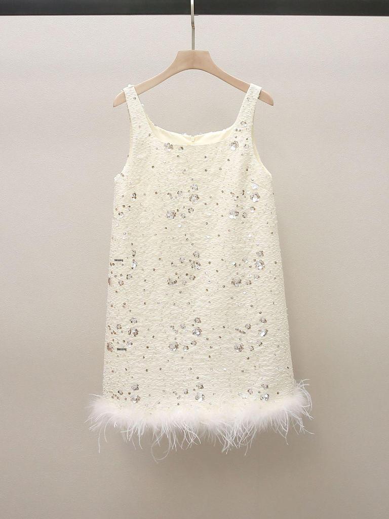 High-End Women's Feather Patchwork Sequin Embroidered Camisole Dress - Spring New Arrival, Elegant Lady-Like Style