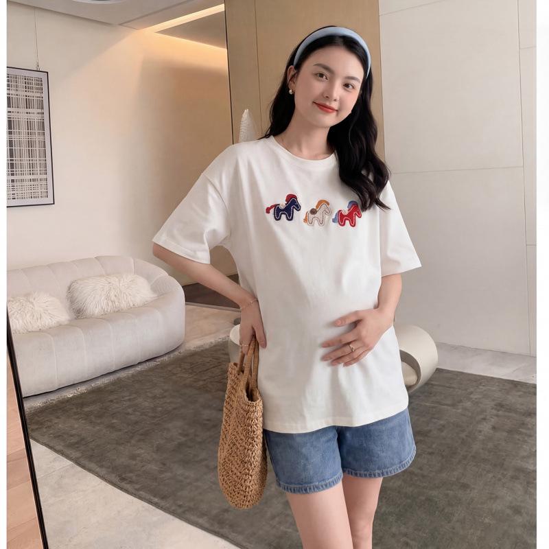 Maternity Summer T-Shirt with Little Horse Print - Loose, Casual Fashion Short Sleeve
