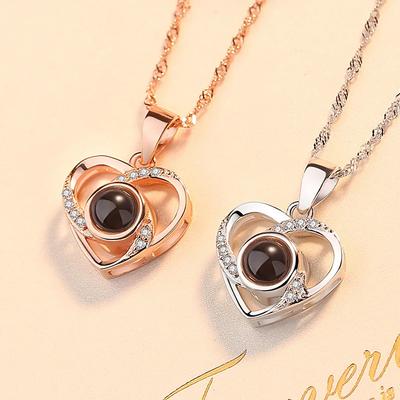 Valentine's Day Gift Projection 100 Languages Necklace Simple Heart Shaped Projection Necklace Birthday Lover Family Memory Gift