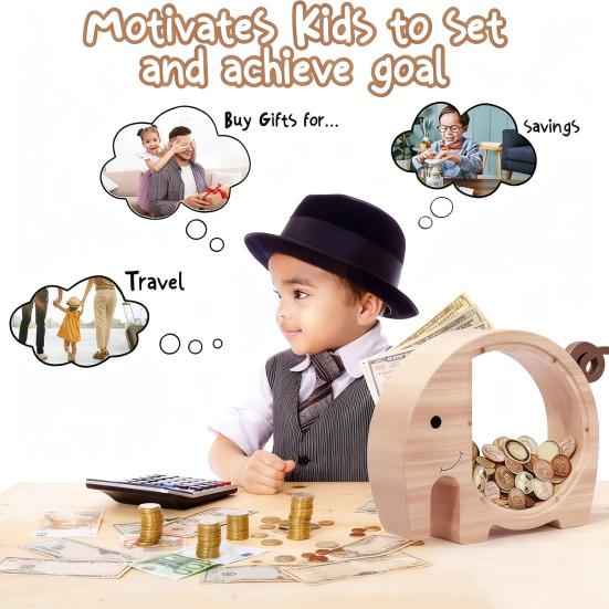 Wooden Elephant Piggy Bank Kids Coin Bank Savings Jar with Transparent Window Cute Unbreakable Money Box Birthday Gift for Boys Girls