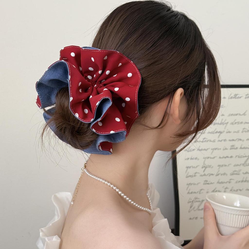 Korean Style Double-Layer Polka Dot Denim Scrunchie Hair Tie