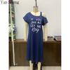 Women Nightgown Off‑Shoulder Letter Print Short Sleeve Nightdress Thin Sexy Loose Home Wear for Summer Sleepwear