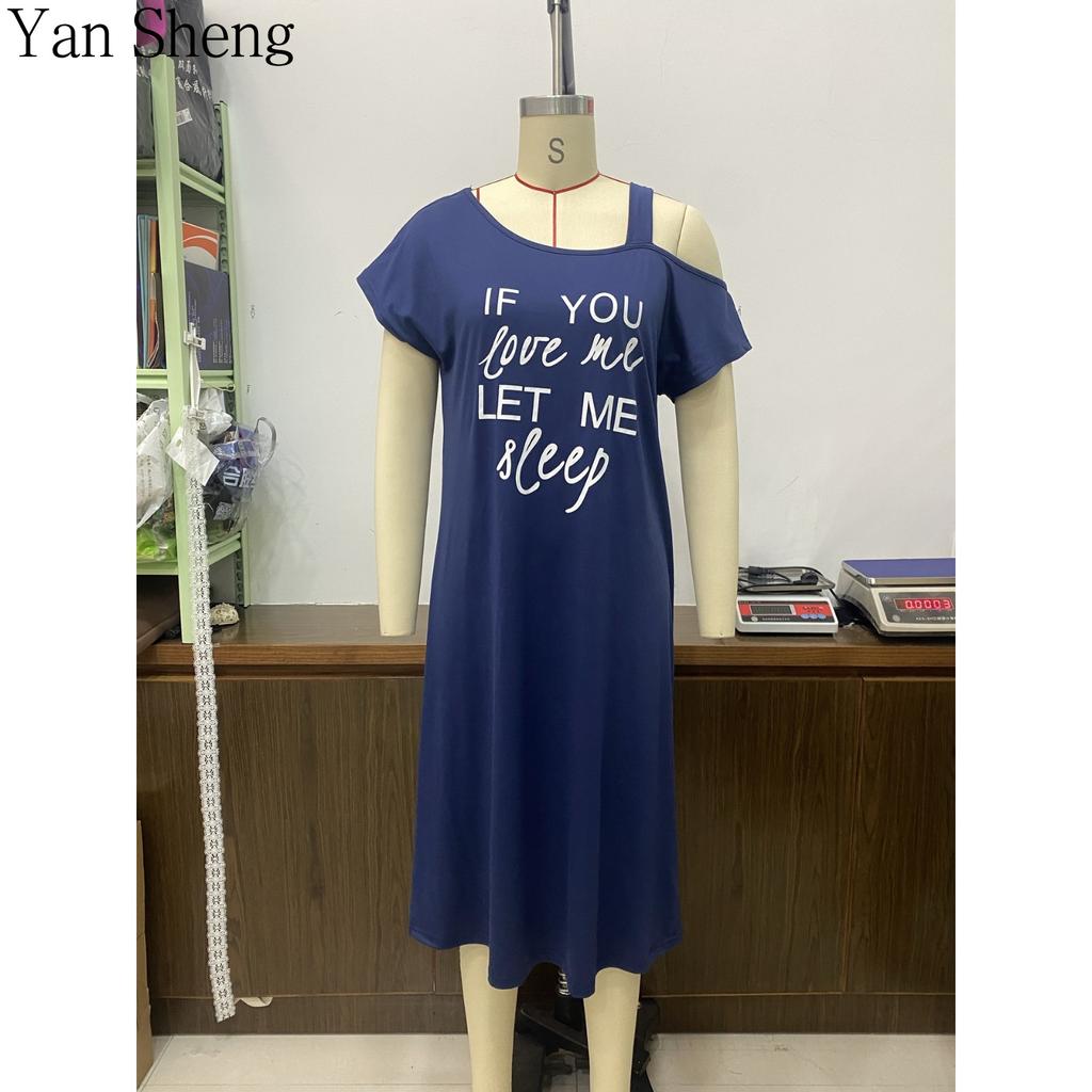 Women Nightgown Off‑Shoulder Letter Print Short Sleeve Nightdress Thin Sexy Loose Home Wear for Summer Sleepwear