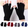 1 Pair Black Half Finger Gloves Women Men Woolen Yarn Knitting Gloves Solid Color Elastic Warm Riding Sport Workout Mittens