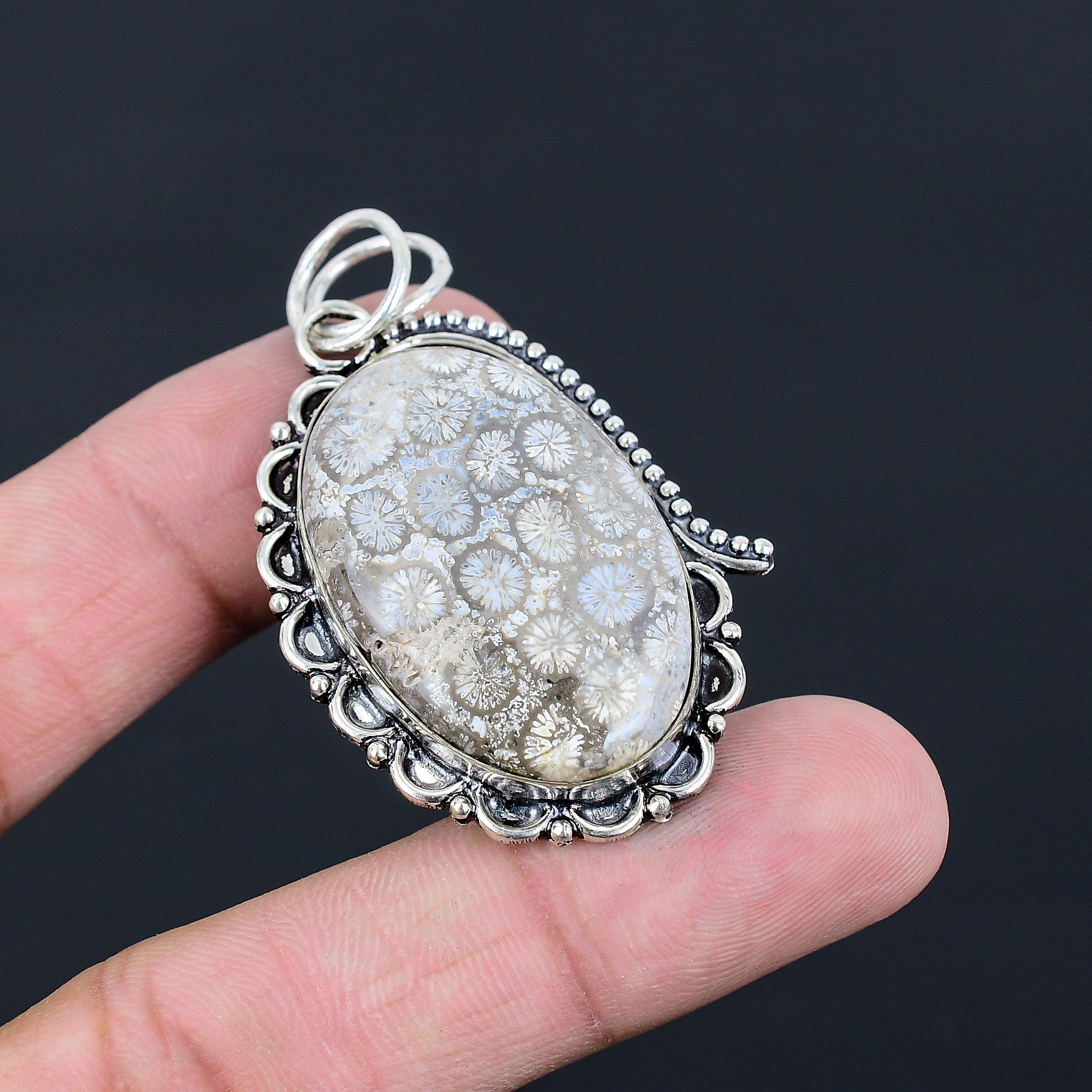 

Oval Fossil Coral Gemstone 925 Sterling Silver Wedding Root Chakra Bezel Pendant