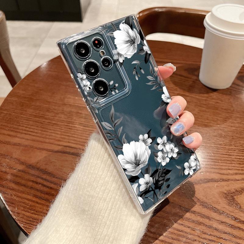 Luxury Flower Pattern Phone Case For Samsung Galaxy S26 S25 S24 S23 Ultra S22 Plus S24 S21 FE S25Edge Transparent TPU Soft Cover