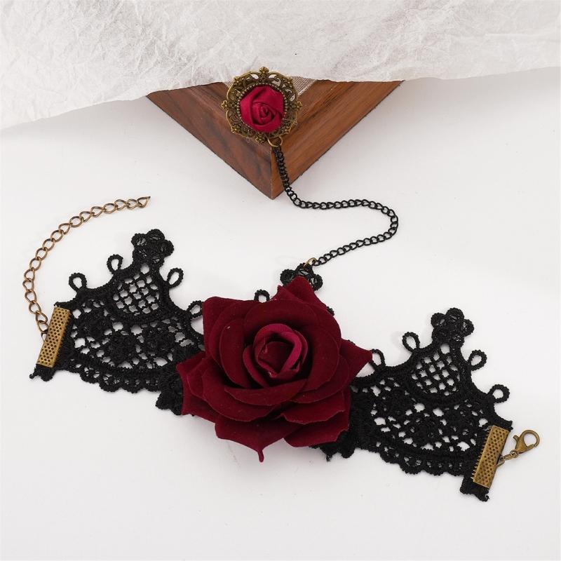 2pcs Gothic Lace Choker Necklace Finger Rings Bracelet Halloween Costume Accessories Jewelry for Women Girls Gift