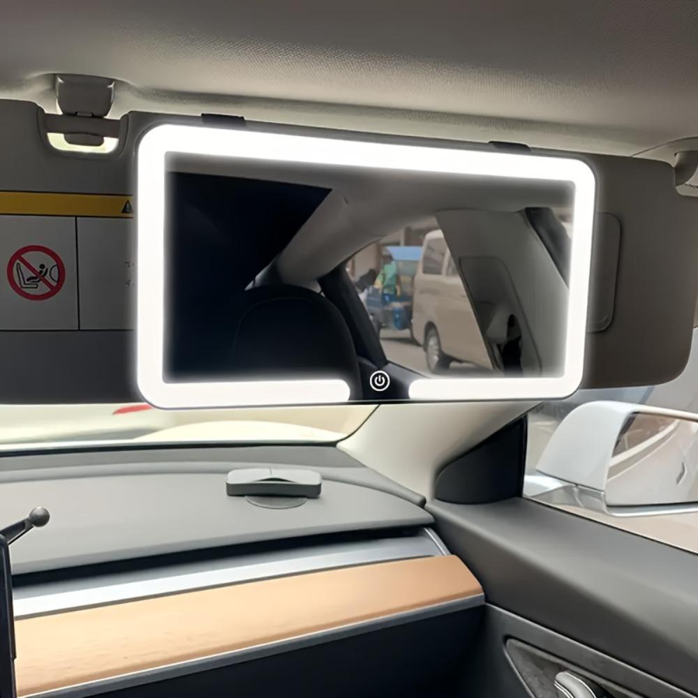 LED Car Vanity Mirror with Touch Sensor - Tri-Color Lighting, Rechargeable Sun Visor Makeup Mirror for Vehicle Interior