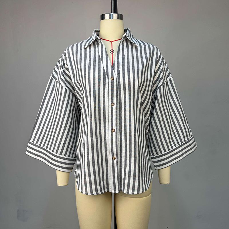Women s summer loose collared striped shirt top L чёрный