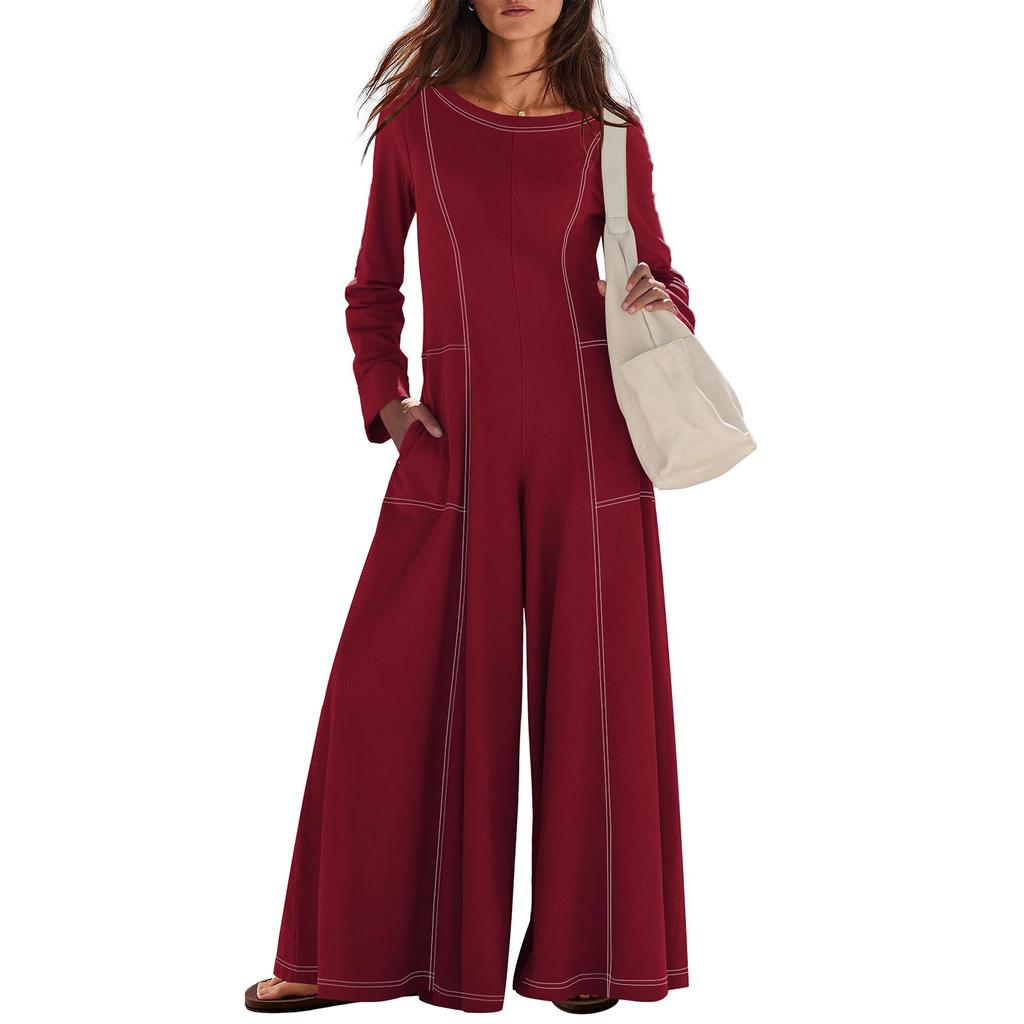 Damen Modischer Lässiger Rundhals Langarm Tasche Lässiger Lockerer Weitbeiniger Jumpsuit