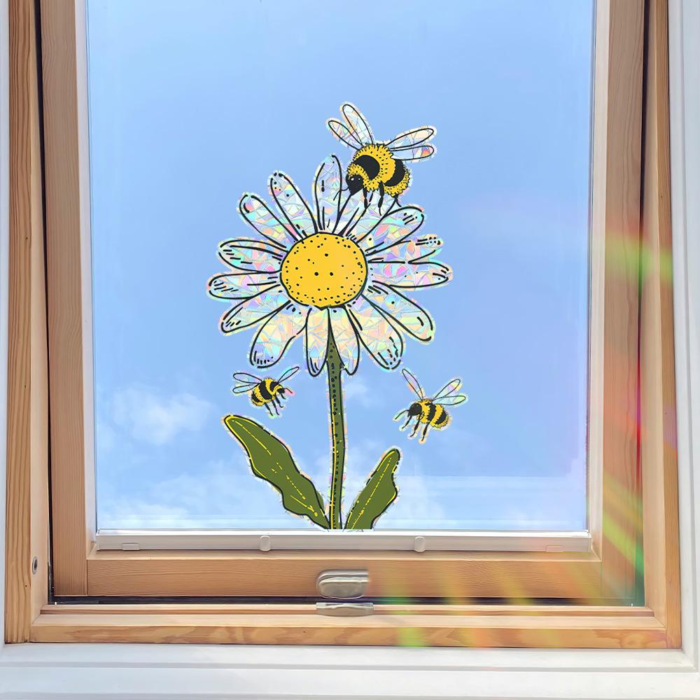 Cartoon Little Bee Daisy Balcony Home Decoration Glass Doors and Windows Static Window Stickers