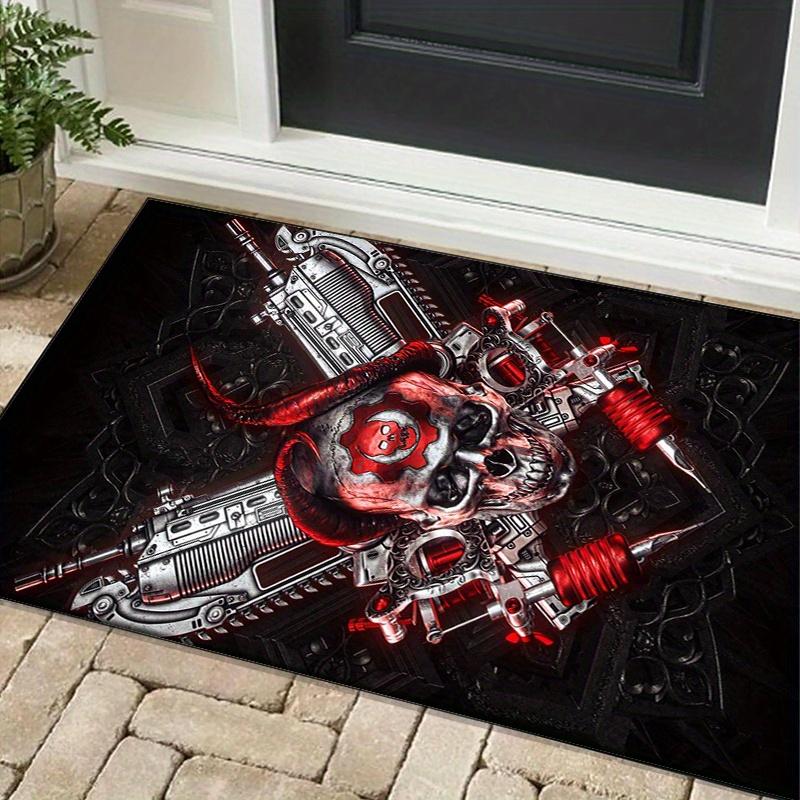 Steampunk SkullRug for IndustrialStyleRoomsBold Red and Black Mechanical Art forEdgyDecor Anti Slip Carpet Can Be Machine Washed