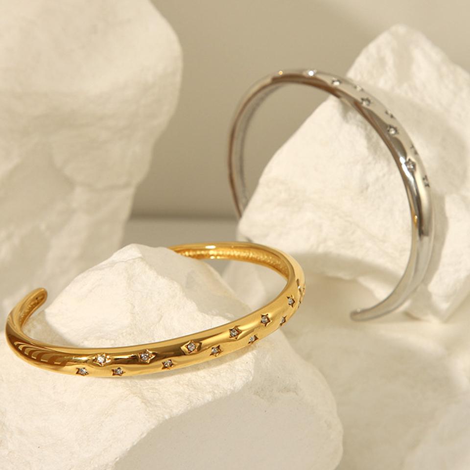 ZAKOL 18K Gold Plated Stainless Steel Open Bangle Bracelet With CZ Versatile High Quality Non Fading Cuff Bangles Zircon Gift