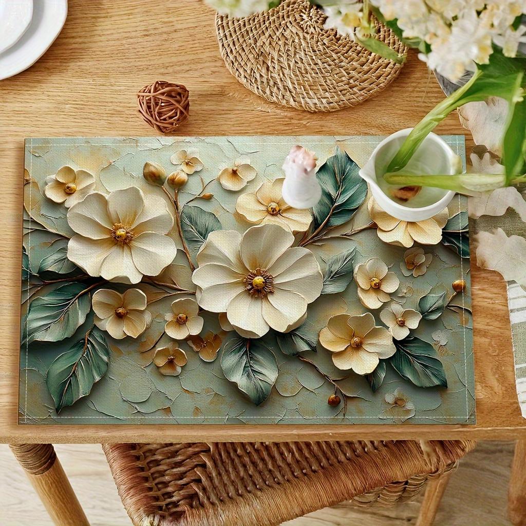 4pcs Linen Placemats Set, 3D Floral and Leaf Design, 12x18 Inches – Perfect for Kitchen, Dining Room, Holiday Table Decor, Party Accents To Add