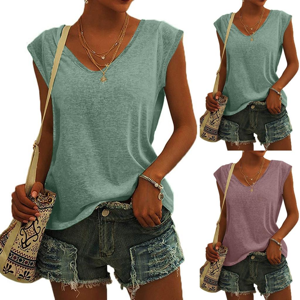 Women's Fashion Color Cap Sleeve V Neck Casual Loose Short Sleeve T-Shirt Top