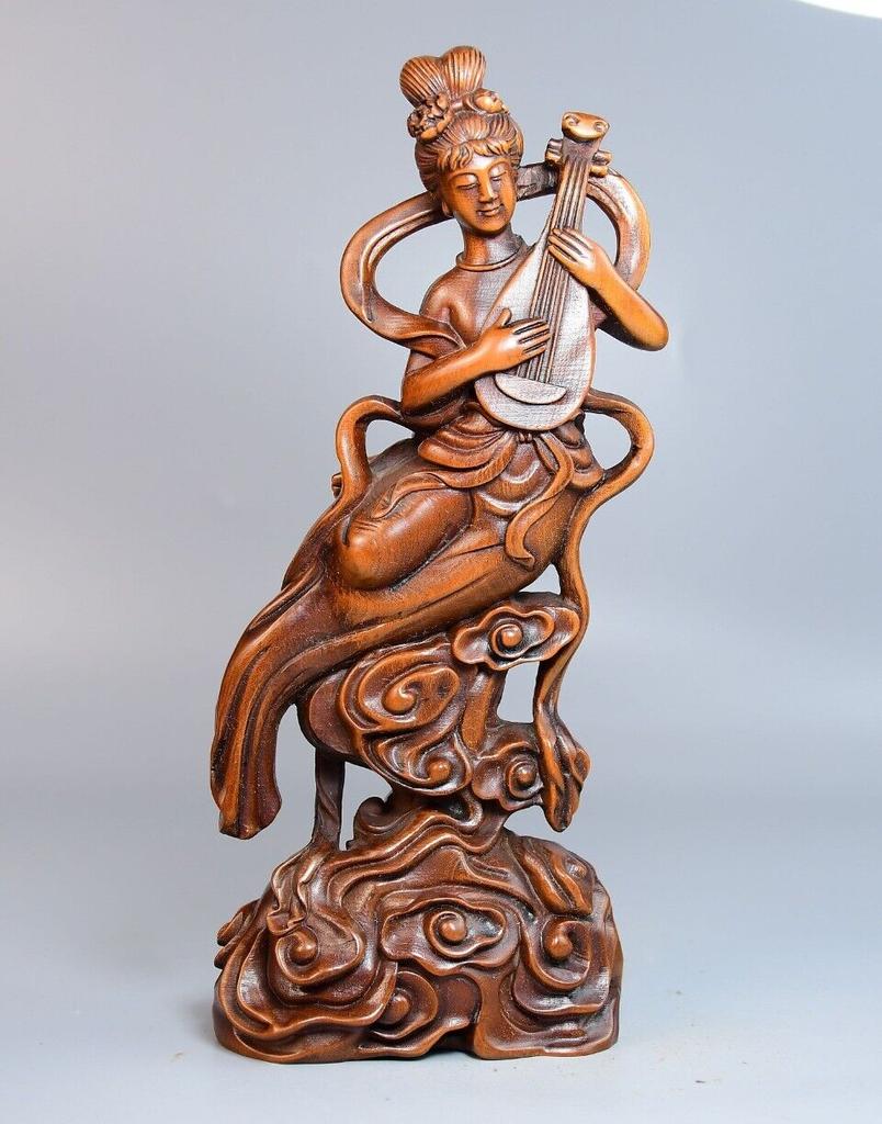 Chinese Antique Boxwood Carved Beautiful Woman Statue Sculpture Home Decor Art