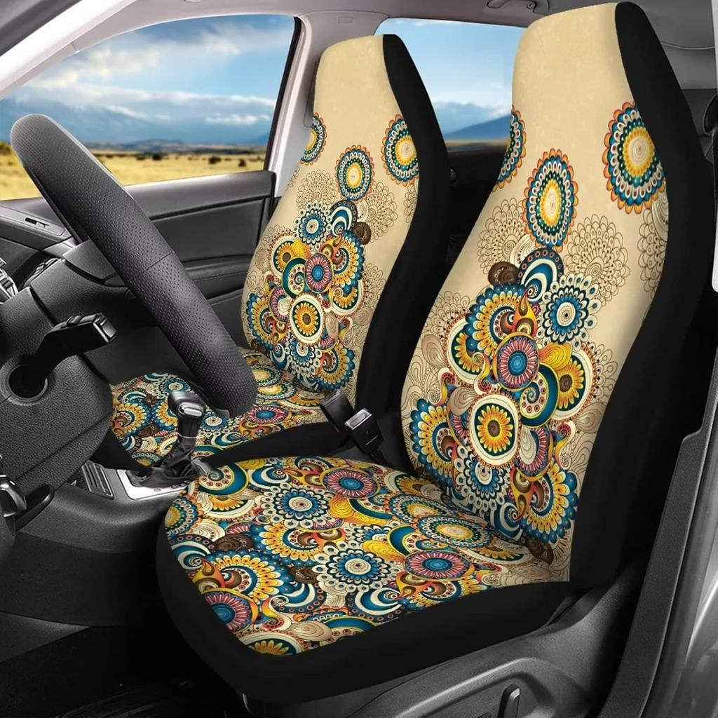 Bulopur Black Boho Floral Car Seat Covers Front Seats Only for Women Men Seat Covers w/Organizer Pocket for Cars SUV Truck Sedan