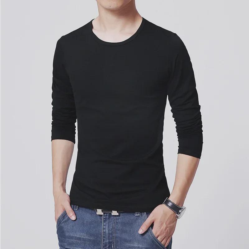 Men's Slim Fit Long-Sleeve Round Neck T-Shirt - Solid Color Autumn Top