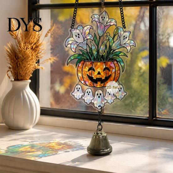 Festive Door Hangers Halloween Acrylic Pumpkin Hanging Decoration, Cartoon Ghost Ornament with Decorative Pendant Bell, Suncatcher Decor for