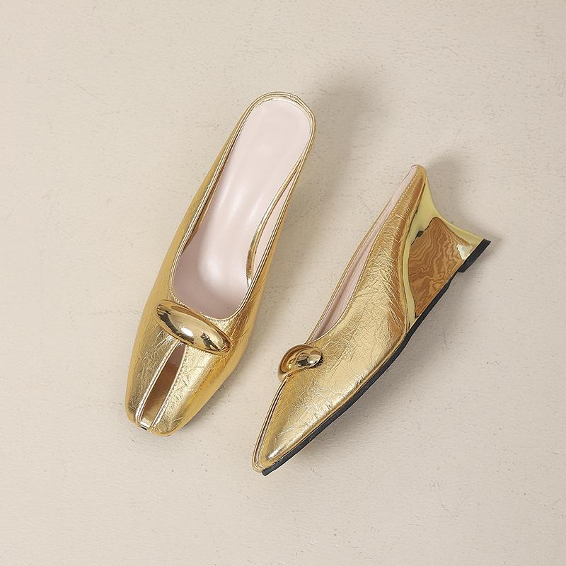 French Wedge Heel Bag Head Cool Slippers Women's Summer Wear Metal Super Versatile Fashion High Heel Muller Half Drag
